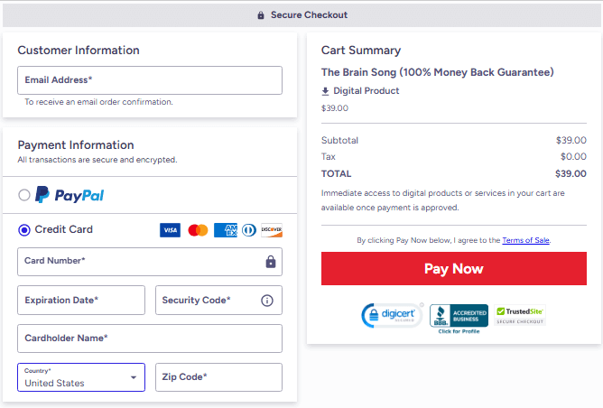 Secure checkout page for The Brain Song purchase